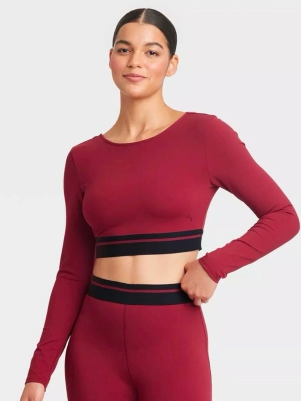 JoyLab Maroon Long-Sleeve Cropped Athletic Top with Black Trim